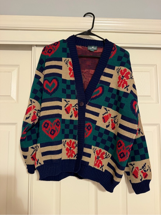 Cabin Creek Sweaters - Vintage 1990s Cabin Creek heart patchwork knit cardigan sweater cabincore